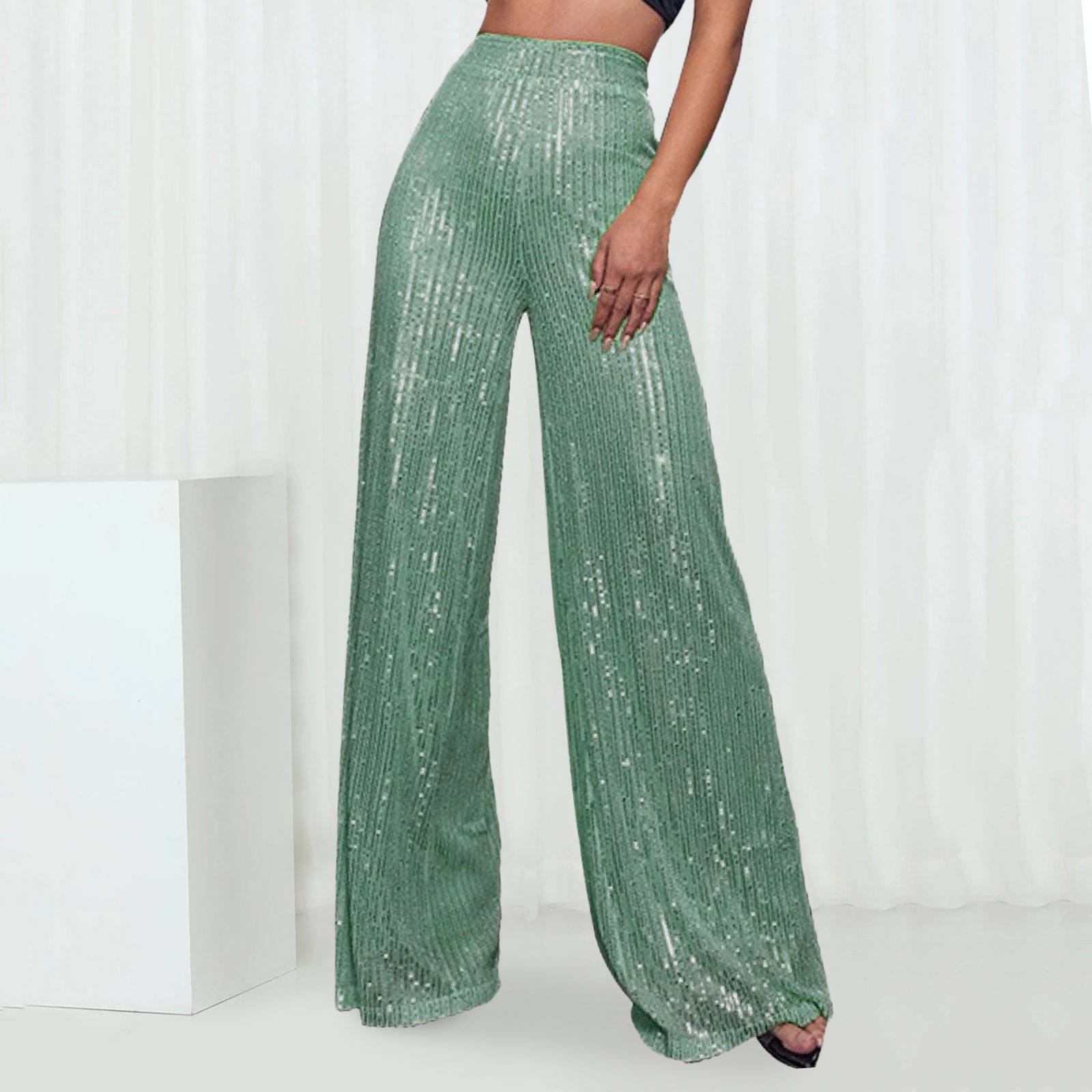 thumbnail image 2 of Pantalones acampanados de cintura alta con lentejuelas para mujer - Lentejuelas brillantes para discotecas/fiestas (S-XXL), 2 of 6